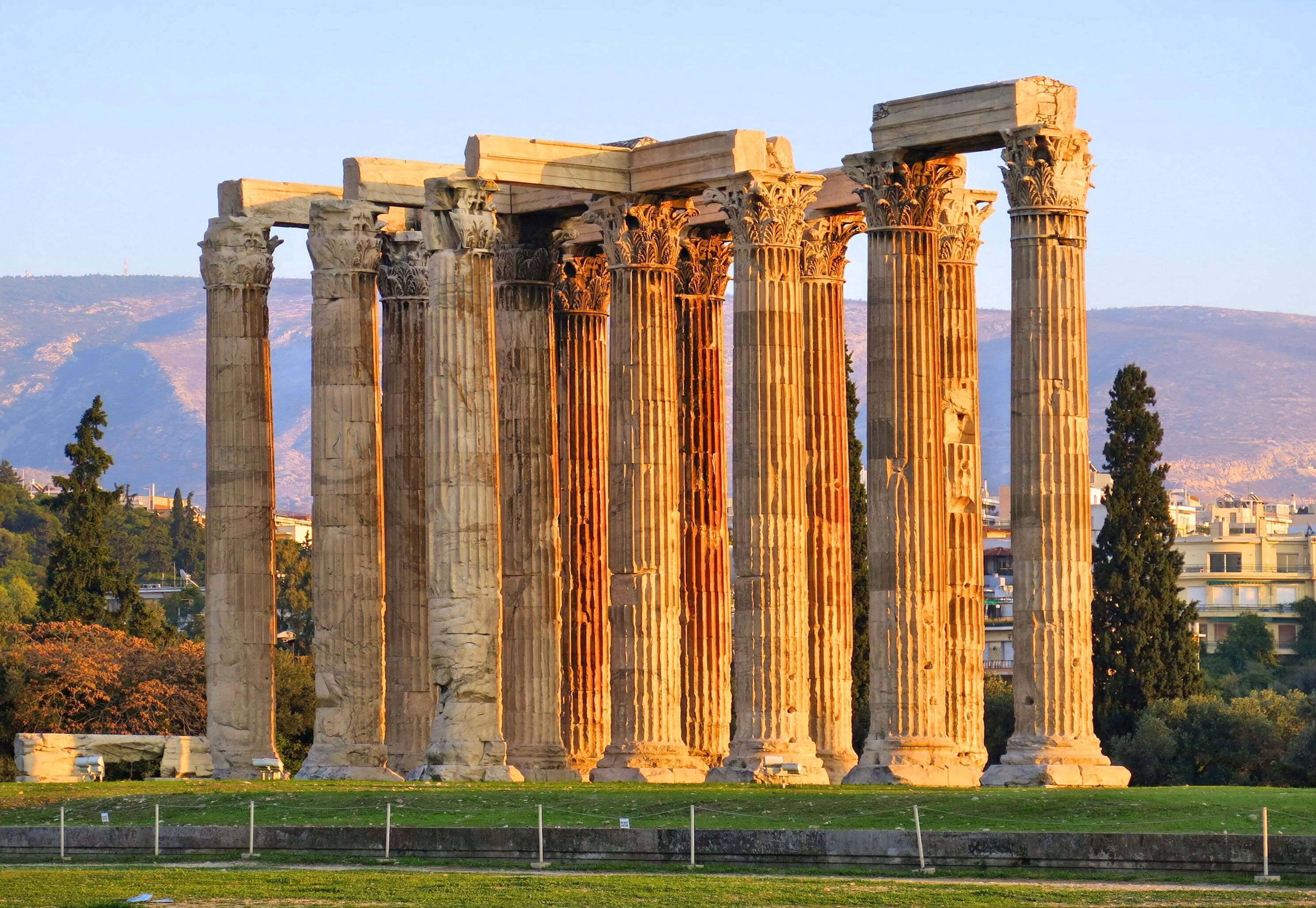 Evening view of the Temple of Olympian Zeus in Athens, Greece.